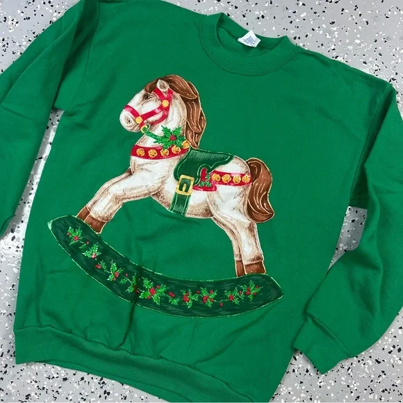Tultex Green XL Rocking Horse Ugly Christmas Holiday Sweater Sweatshirt - Picture 7 of 15